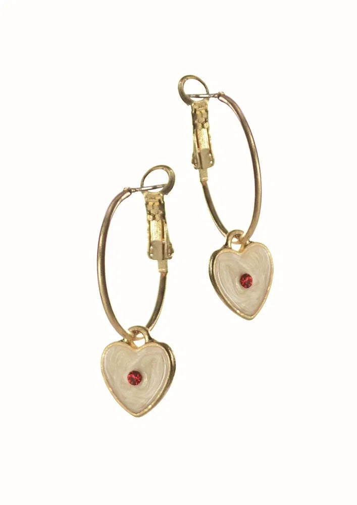 Enamel Dinky Heart W/Red Crystal Set - Worn Gold/Cream