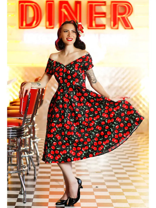 Lily 1950s Off Shoulder Cherry Print Fit & Flare Dress by Dolly and Dotty