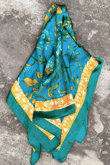 Poly Silk Botanical Square - 70x70cm - Teal/Ghost/Tangerine Scarf by Hot Tomato
