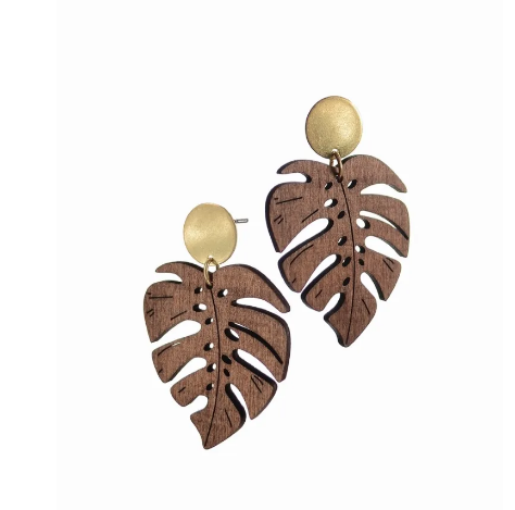 Latino Leaf Drops - Worn Gold / Wood Earrings by Hot Tomato