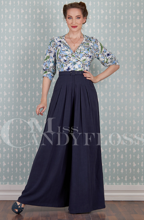 Fatima-Indigo Viscose and Linen Floral Jumpsuit by Miss Candyfloss- Pre Order