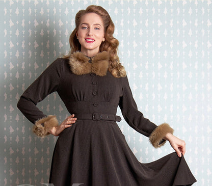 Cybil-Sand Swing dress with fur trim by Miss Candyfloss - Isabel’s Retro & Vintage Clothing