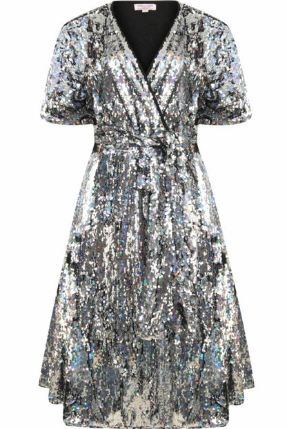 Silver Sequin Wrap Dress - Isabel’s Retro & Vintage Clothing