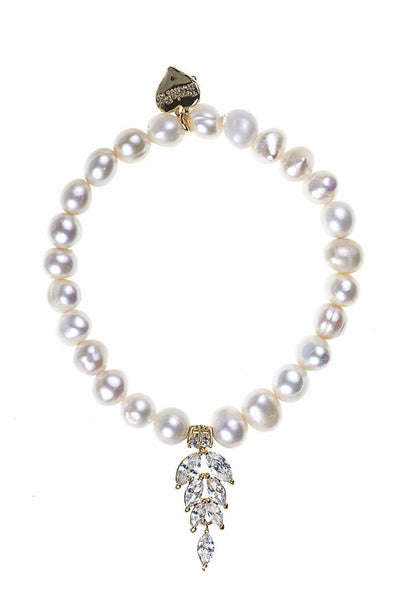 Ivory Freshwater Pearl Diva Crystal Leaf Bracelet - Isabel’s Retro & Vintage Clothing