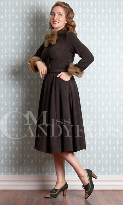 Cybil-Sand Swing dress with fur trim by Miss Candyfloss - Isabel’s Retro & Vintage Clothing