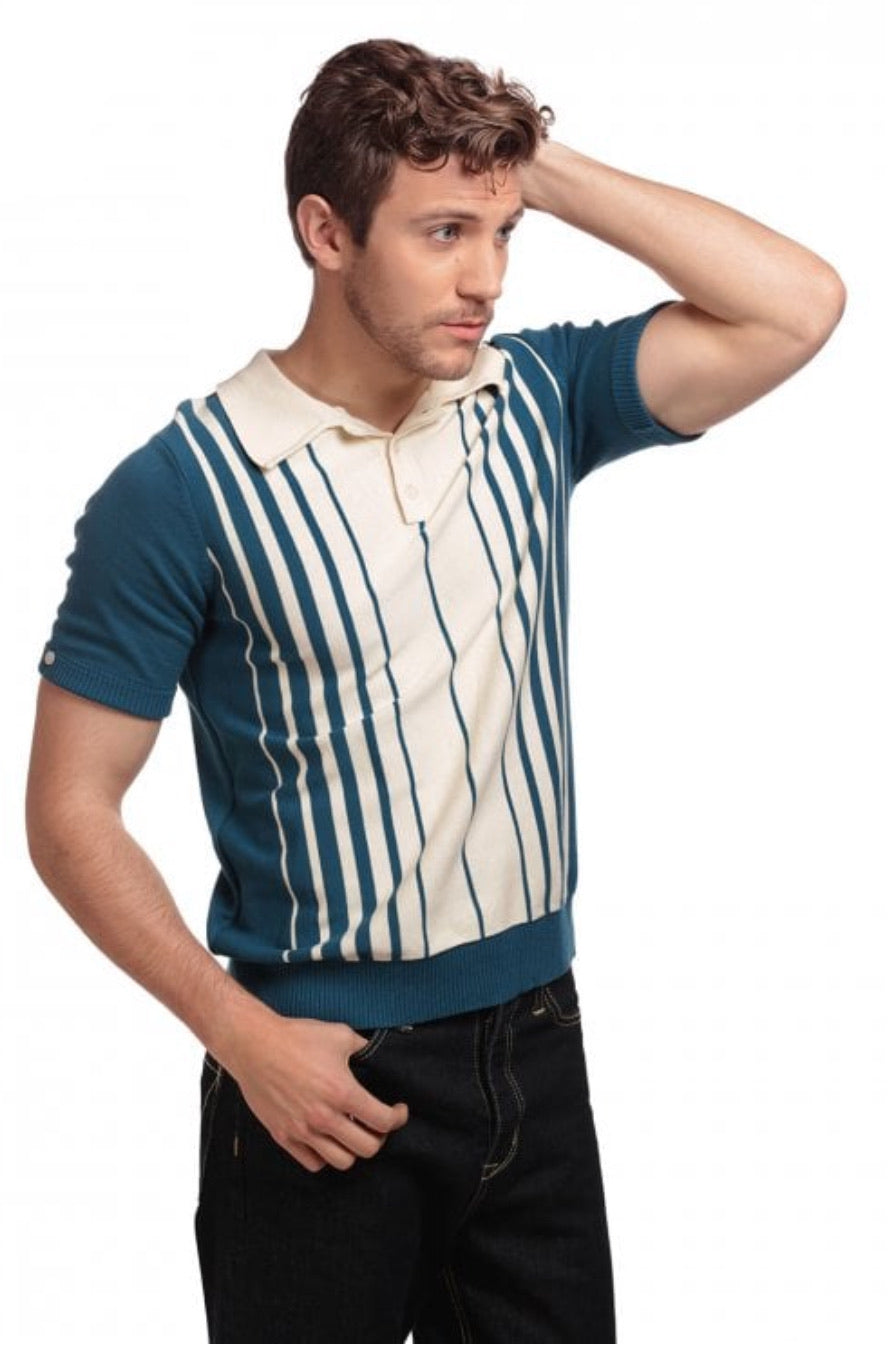 Pablo Striped Knitted Polo - blue - Isabel’s Retro & Vintage Clothing