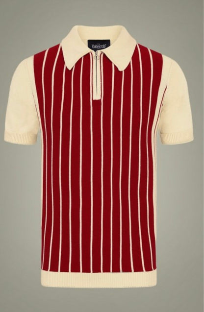 Pablo Striped Knitted Polo Shirt - Red and Cream - Isabel’s Retro & Vintage Clothing